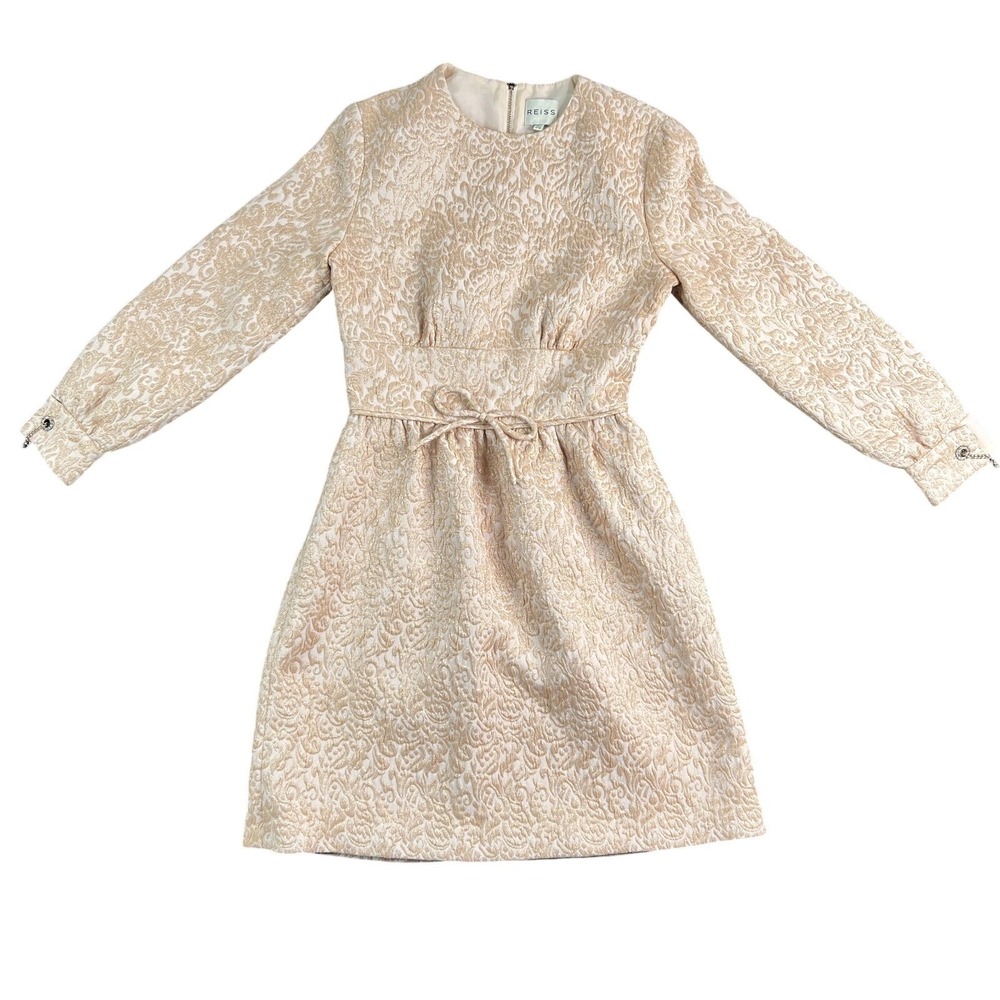 REISS‎ Rose Gold Melanie Jacquard Party Dress Sz 4 Tie Waist Cocktail Wedding
